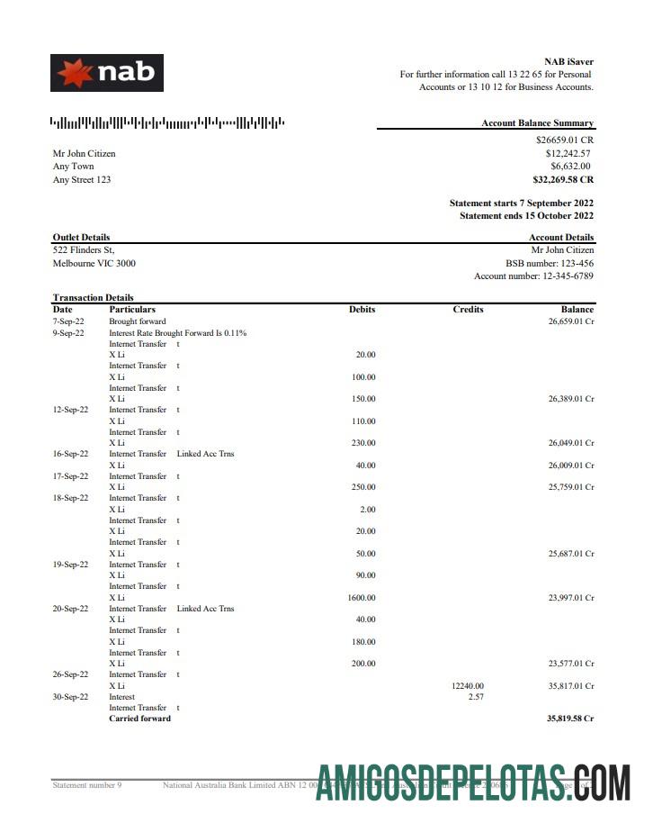 Australia NAB Bank Statement 2 Pages Xls amostra